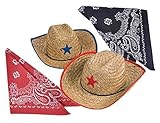 Kid's Straw Sheriff Cowboy Hat with Star 2 Pack and 2 Bandanas Combo!