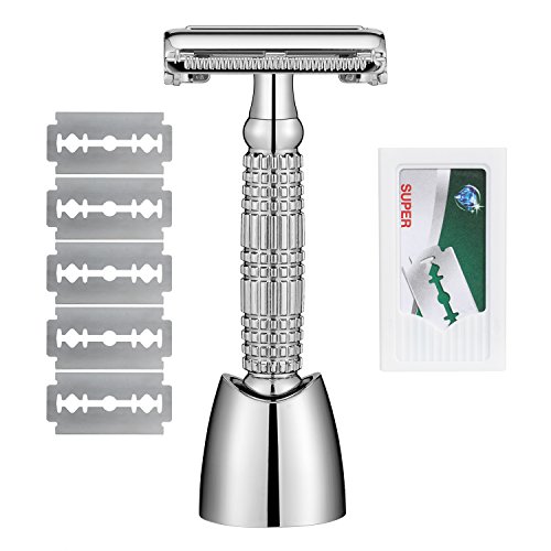 Safety Razor, Oak Leaf Butterfly Open Double Edge Shaving Razor with Razor Stand and 5 Platium Super Blades, Chrome Finish Shaving Kit for Men