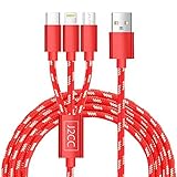 Multi Charger, J2cc 3-in-1 Multiple USB Charging Cables with Lightning/Micro USB/Type C, Premium Nylon Braided Multi charger Connector for Android Devices /iPad/iPhone 7/7Plus and more(red)