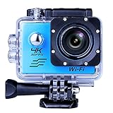 Sports Camera Sport Video 4K WIFI Action Cam 16 MP Underwater Camcorder HD 1080P and 2 Batteries 170° Wide-Angle Blue