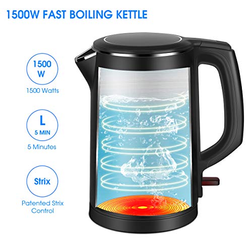 Electric Kettle, CUSIBOX 1.5L Stainless Steel Kettle Cool Touch Double Water Kettle with Overheating Protection, Boil Dry Protection and Automatic Shut Off