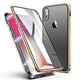 iPhone Xs Max Case, ZHIKE Magnetic Adsorption Case Front and Back Tempered Glass Full Screen Coverage One-Piece Design Flip Cover [Support Wireless Charging] for Apple iPhone Xs Max (Golden)