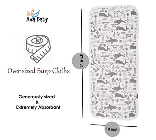 Ana Baby 100% Organic Baby Burp Cloth Large 21''x10'' Size, Premium Absorbent Triple Layer Burping Rags 5 Pack for New Born Baby Girl or Boy Gift Set (Burp Cloth Grey)