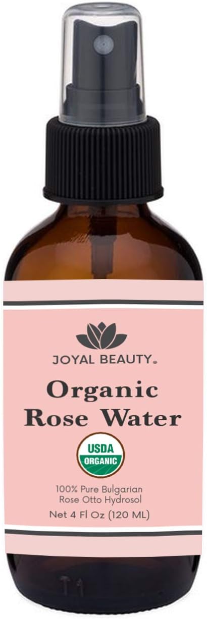 Rose Water USDA Organic Toner Spray for Face Hair Skin by Joyal Beauty. 100% Pure Bulgarian Rose Damascena Steam Distilled. Premium Therapeutic Grade 4oz Glass Bottle.
