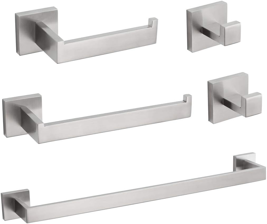 VELIMAX Premium Stainless Steel 5 Pieces Bathroom Hardware Set Wall Mounted Bathroom Accessories Set - 2 Robe Hooks Toilet Paper Holder Towel Ring Towel Bar, Brushed