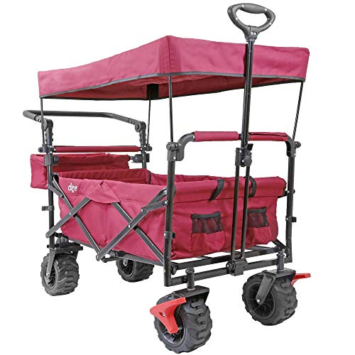 Extra Large Foldable Outdoor Wagon Cart with All Terrain Wheels and Canopy, Red 265 Lb Capacity, Easy Folding Collapsible Utility Garden Transport Trolley, Great for Beach, Park, Sports, Parties
