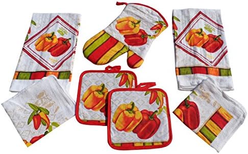Bell Peppers Kitchen Towel Set 7 Piece Towels Pot Holders Oven Mitt &amp; Dishcloth Decorative Design Everyday Use