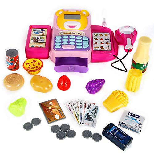 FunsLane Cash Register for Kids Pretend Play Toys with Electronic Sounds, Working Mic, Scanner, Calculator, Food, Play Money and Credit Card Shopping Playset Realistic Actions & Sounds Gift (Pink)