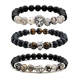 Top Plaza Jewelry - Mens Womens Cool Black Matte Agate Gems 8MM Beads Stretch Bracelet with Dragon Vein Agate Tiger Eye Beads (Pack of 3)