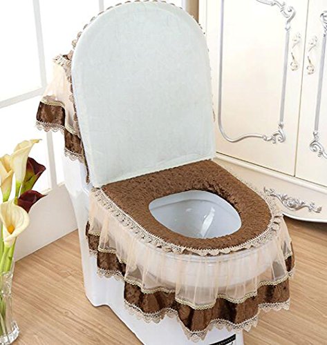 HOMESUPPLIES European Style Plush Bathroom Toilet Decor 3-Piece Tank Cover, Toilet Seat Cover Set Zippered Toilet Seat Cover Set (Coffee)