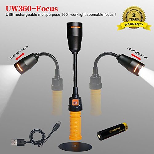 UW360-Focus USB rechargeable work light bright cordless flexible LED torch with telescoping and strong megnetic stand 18650 battery powered 2 modes for camping,hiking and garage car truck repair