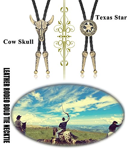Thunaraz Leather Tie Necktie Cow Skull Texas Ranger Star Chain for Men Gold-tone - Thumbnail 2