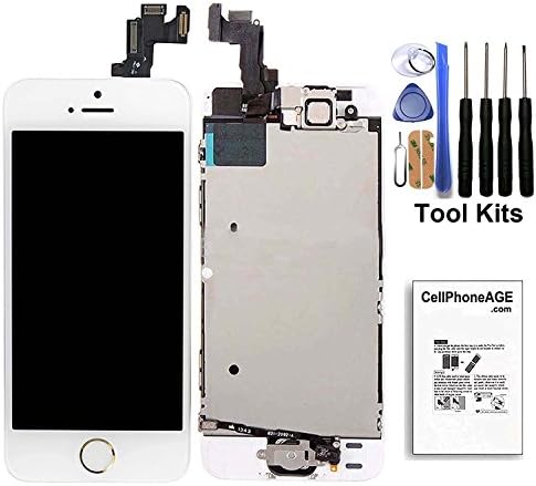 CELLPHONEAGE For iPhone 5S New LCD Screen Replacement with Home Button and Camara White Full Set Glass Digitizer Display Assembly Replacement With Free Tool Kits (White)