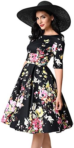 AMLLY Women Noble Silk 50's Vintage Style Floral Half Sleeve BoatNeck Knee Length Retro Swing Party Dress