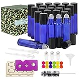 Glass Roller Bottles - 10ml, 24 Pack, Cobalt blue by Mavogel, Stainless Steel Roller Balls, Essential Oil Opener, Bottle Brush, Droppers, Funnel, and Labels Included