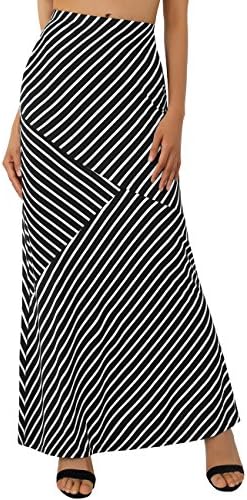 WAJAT Long Skirt for Women, Women's Color Block High Waist Long Maxi Skirt Black Striped 2XL