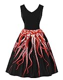 Wellwits Women's 3D Digital Octopus Print Sleeveless Vintage Rockabilly Dress