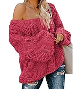 ROSKIKI Women's Casual Oversized Loose Long Sleeve Pullover Tops Bubblegum V-Neck Braided Knit Sw...