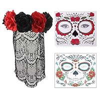 2 Pcs Day of the Dead Face Tattoo, 1Pcs Rose Veil Headband