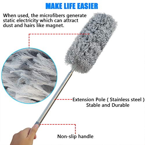 Upgrade Extra Long Microfiber Duster with Telescoping Extension Pole (30" to 100") and Bendable Washable Head, Hypoallergenic Lint Free Duster for Cleaning Roof, Blinds, Cobwebs,Ceiling Fan, Furniture