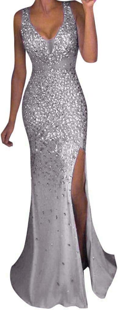 2019 Fashion Ladies Dresses Sequin, Women's V Neck Sparkling Gradual Sequin Cocktail Evening Dress Side Spilt Long Prom Maxi Dress
