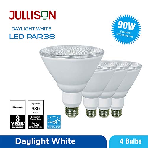 JULLISON 4 Packs Outdoor Flood PAR38 LED Bulb, 120V/13W/980Lumens/40 Degrees Beam, 90W Equivalent, 5000K Daylight White, CRI80+, Dimmable, E26 Base, UL & Energy Star & FCC Listed, Wet Locations - Thumbnail 2