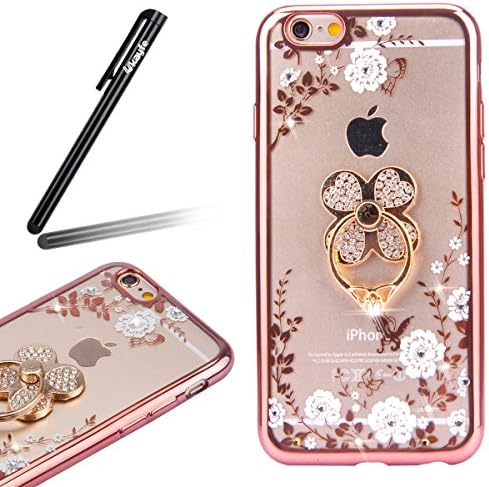 iPhone 6S Plus Case, iPhone 6 Plus Cover,Ukayfe White Flower Butterfly Bling Crystal Rhinestone Diamond Rose Gold Plating Frame Clear Back TPU Bumper Case with Clover Ring Kickstand for iPhone 6/6S Plus 5.5"