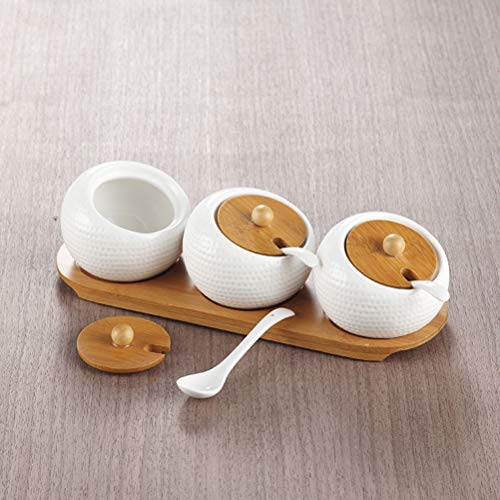 Ceramic Spice Jars Set Porcelain Condiment Container with Bamboo Lids and Wooden Tray for Home Kitchen - Thumbnail 3