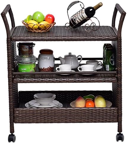 GJH One Rattan Rolling Serving Cart Storage Shelves Rack Wicker Indoor Outdoor Patio Furniture