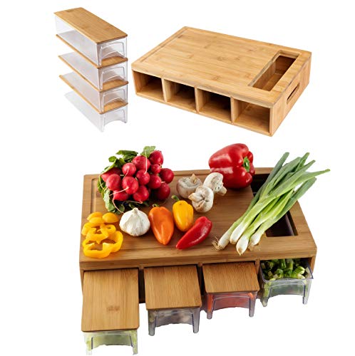 Large bamboo cutting board with trays/drawers/container and bamboo lids, Chopping board with juice grooves, handles & food sliding opening, cutting board with 4 trays for easy food prep and cleanup