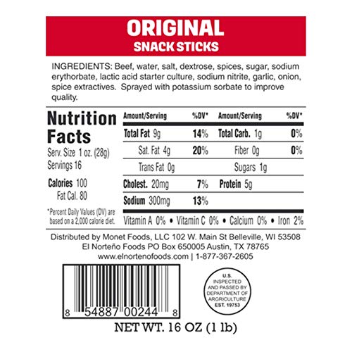 Original Bulk Beef Sticks - One Pounder Beef Jerky Sticks by El Norteño - Low Carb, Low Sugar Smoked Meat Sticks Proudly Made in the USA (16 - 1oz Snack Sticks)
