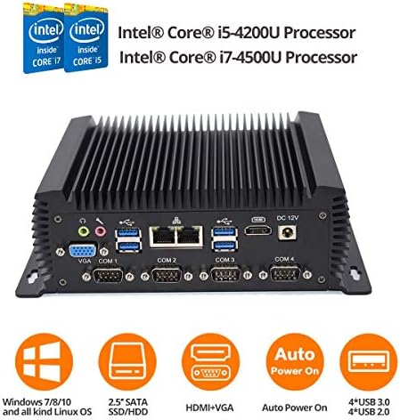Windows 10 Industrial PC, Fanless Mini Desktop Computer with Intel Core i7 4500U Dual Core CPU, 8GB RAM, 512GB SSD, 1TB HDD, 4xCOM RS232, 2 x COM RS485, HDMI, VGA, Wi-Fi, BT 4.0, Metal Case