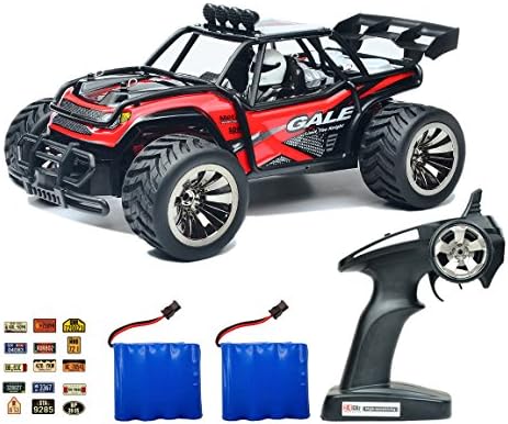 ROCKAR Electric RC Car Off Road 1:16 Scale RC Monster Truck 2.4GHz Radio Remote Control Car 2WD High Speed Rock Crawler with 2 Rechargeable Battery and 45 PCS Stickers (Red)