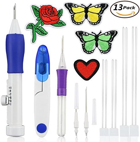 GikPal Embroidery Stitching Punch Needle with 4 Pcs Embroidered Patterns Punch Needle Kit Knitting Sewing Craft Tool Magic Embroidery Kits for Embroidery Threaders DIY Sewing