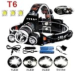 5000Lumen Bright 3 CREE XM-L XML T6 LED Headlamp,KissAir(TM) Waterproof Flashlight Torch 4 Modes Headlight with Rechargeable Batteries for Hiking Camping Outdoor Riding Night Fishing Hunting Running Night Riding