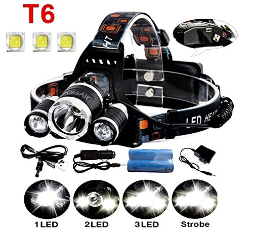 5000Lumen Bright 3 CREE XM-L XML T6 LED Headlamp,KissAir(TM) Waterproof Flashlight Torch 4 Modes Headlight with Rechargeable Batteries for Hiking Camping Outdoor Riding Night Fishing Hunting Running Night Riding