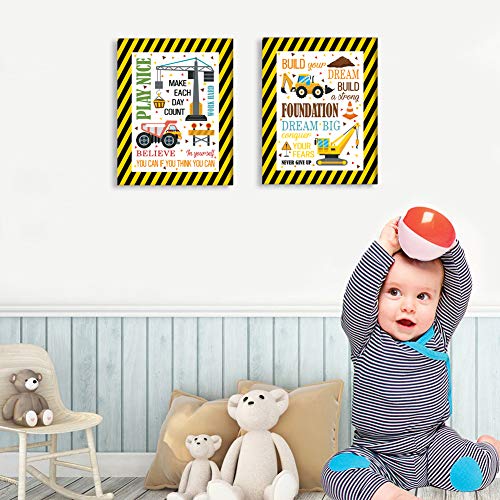 CHDITB Framed Cartoon Construction Vehicles Art Print Inspirational Quote Wall Art Painting,Set of 2 Pieces (11.8x15.6inch) Motivational Saying Poster for Kids Room Nursery Decor-Ready to Hang