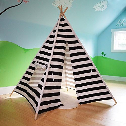 Vintage Parts USA VPATP02 Indoor/Outdoor ' Kid's Teepee Tent Playhouse W/Case, White W/Black Stripes