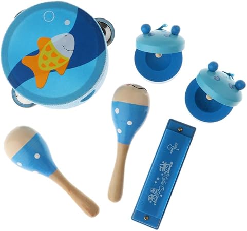 Amazon ウッド製 赤ちゃん 子供用 リズムトレーニング ハンドシェイク ガラガラ ドラム 楽器玩具 ブルー ドラム 打楽器 おもちゃ