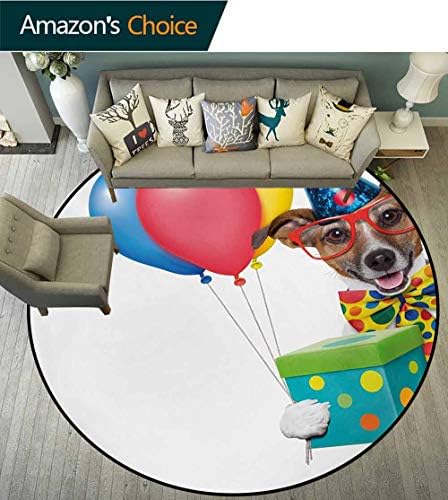 RUGSMAT Kids Birthday Rug Round Home Decor Area Rugs,Colorful Balloons Boxes And Dots Print Dog Animal Puppy With Party Cone Print Non-Skid Bath Mat Living Room/Bedroom Carpet,Round-31 Inch