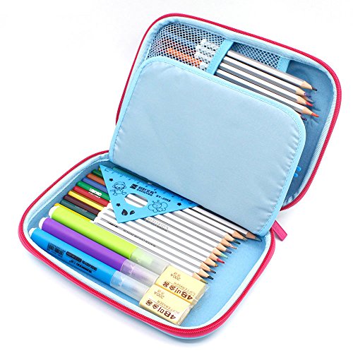 3D Rainbow Unicorn Embossed Hardtop Pencil Case - School Girls Large Colored Pen Holder Box With Compartments - Kids Cute Cosmetic Pouch Bag Stationery Organizer(Light Blue) - Thumbnail 5