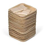 50 8" Disposable Square Palm Leaf Plates + 100 Cutlery (50 Forks, 50 Knives) - Better Than Bamboo or Wood Plates. Heavy Duty, 100% Compostable & Biodegradable Eco Friendly Party Plates (8 inch)