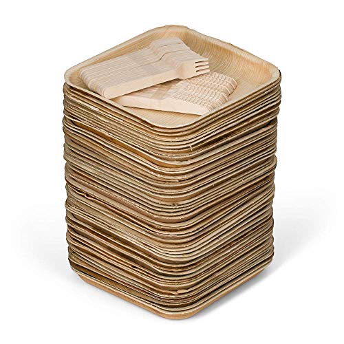 50 8" Disposable Square Palm Leaf Plates + 100 Cutlery (50 Forks, 50 Knives) - Better Than Bamboo or Wood Plates. Heavy Duty, 100% Compostable & Biodegradable Eco Friendly Party Plates (8 inch)