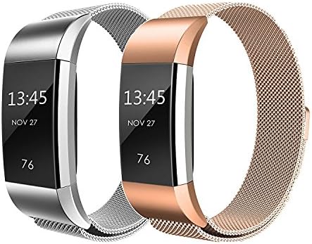 Fitbit Charge 2 Bands, SailFar Magnetic Clasp Mesh Loop Milanese Stainless Steel Metal Bracelet Strap/Watch Band for Fitbit Charge 2,Small/Large, Men/Women (Small, Silver + Rose Gold)