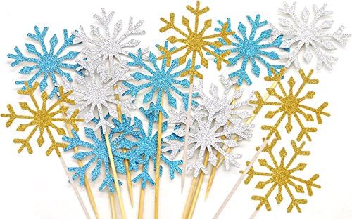 Topfun30 Counts Snowflake Cupcake Toppers Glitter Cake Topper Picks for Christmas Kid’s Birthday Party Baby Shower Wedding Cake Decoration (Gold&Silver&Blue)