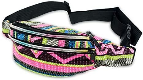 3 Zippered Bohemian Fanny Pack Multi Strip Pattern Festival Bum Bags Lightweight Retro Travel Hiking Waist Bag (Bohemian Pink Green)