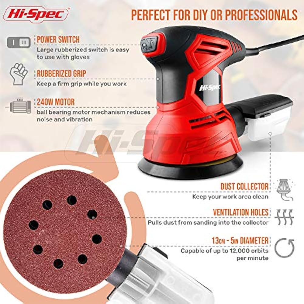 HiSpec 240W Rotating Disc Palm Sander Dust Collector & 10pc Sanding