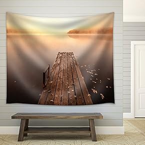 Small Wooden Pier on Still Lake in Autumnal Foggy Morning with Rising Sun - Fabric Wall Tapestry Home Decor - 51x60 inches