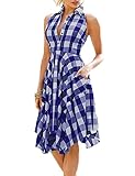 Women Summer Sleeveless Side Pockets Plaid Check Pleated Casual Skater Shirt Dress Sexy Clubwear Medium Size Blue White