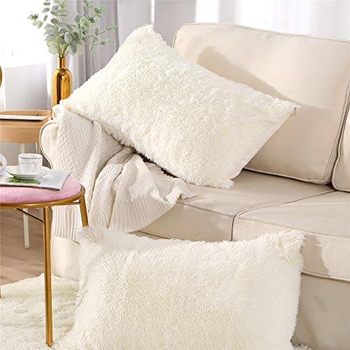MooWoo Fluffy Pillowcase Standard Size Set of 2, Creamy White, Sherpa Shaggy Pillow Cases Decorative Covers with Zipper, 20"x30"